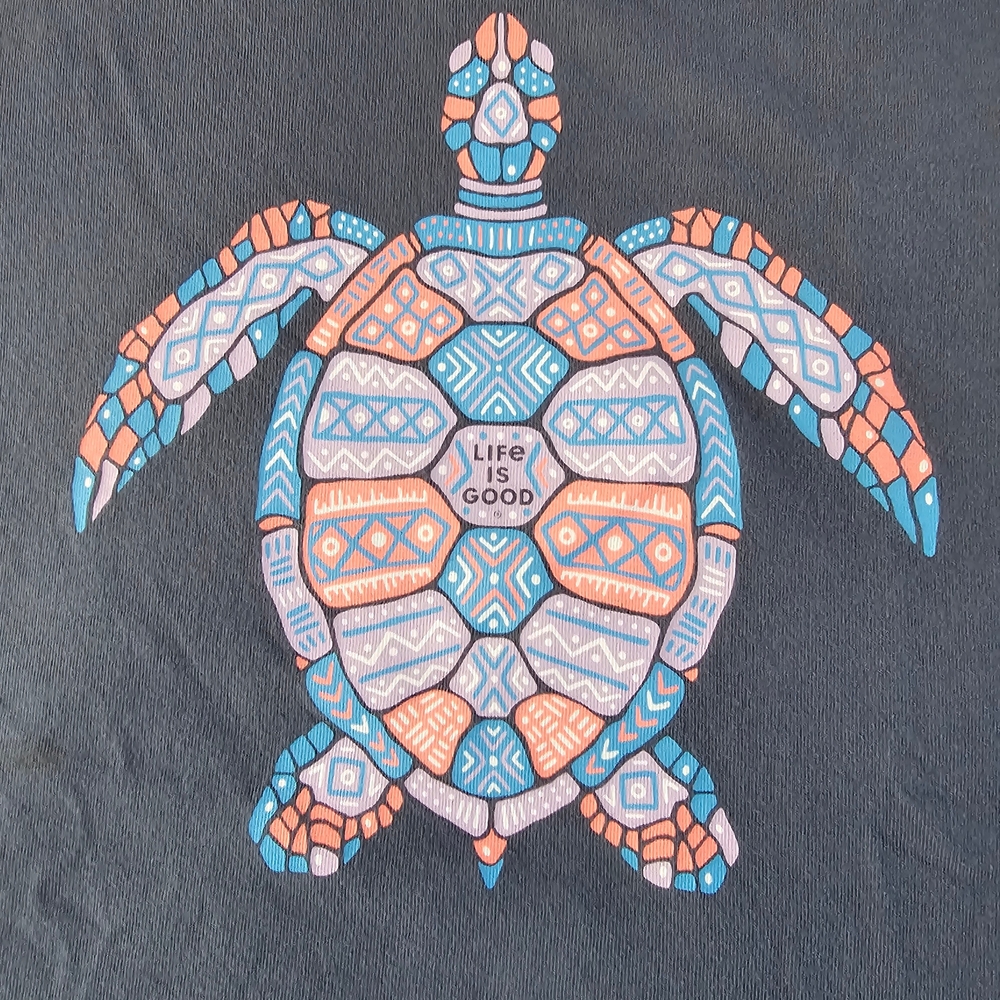 Life Is Good Women's Short Sleeve Tee - Blue with Colorful Turtle Design